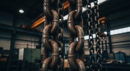 Naklejka premium Close up of Rusty Chains Hanging In Industrial Space
