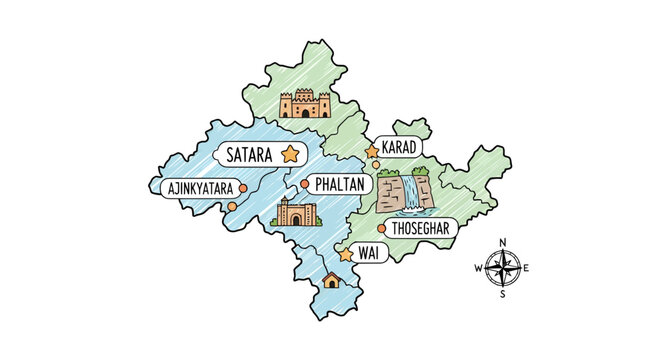 Satara District Map Illustration: Captivating Tourist Destinations and Key Locations Showcase