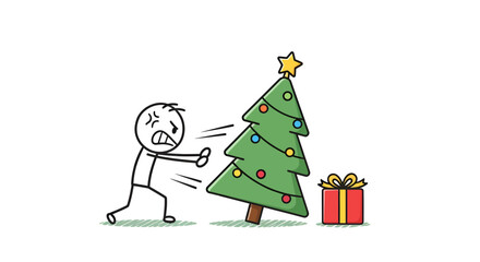 Stick figure intensely disliking leaning Christmas tree and a single gift box