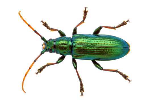 Isolated iridescent longhorn beetle, a close-up macro shot with unique textured exoskeleton