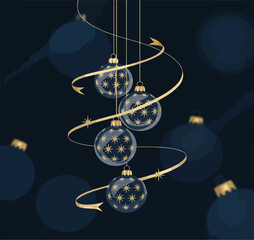 Christmas ornaments hanging with golden ribbon spiral