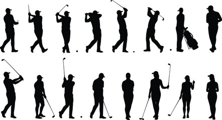 Golf silhouettes, swing technique, sports posture, golf players, athletic motion, club handling, outdoor activity, golfing stance, professional golf, dynamic movement