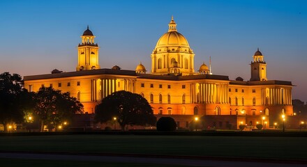 Fototapeta premium A grand architectural structure of a government building, illuminated at twilight, stands prominently against a tranquil backdrop.