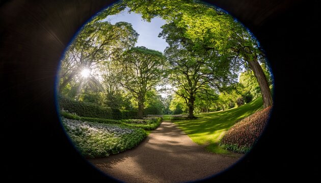 fish eye perspective of dappled sunlight in sheffield botanical garden