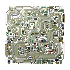 Intricate and complex electronic circuit board pathways with many components isolated on transparent background