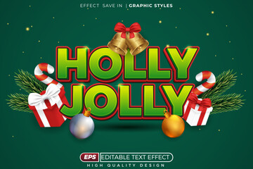 Editable 3d text effect holly jolly with give box for banner and poster template design