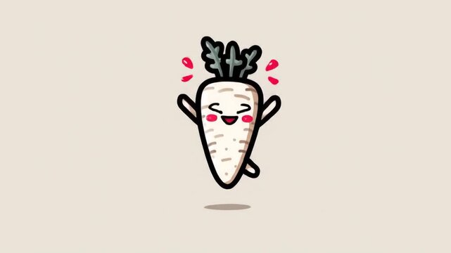 Smiling cartoon radish character illustration on beige background