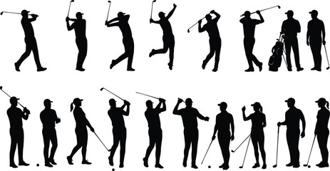 Golf silhouettes, swing motion, sports activity, diverse golfers, mobility support, golf club, celebration pose, teamwork, athletic movement, black background, vector art