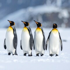Obraz premium Four king penguins in a row on snow