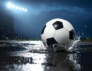 Fototapeta premium Soccer Ball Splash: A dynamic composition capturing a soccer ball at the heart of the action, as it pierces the water's surface, creating an explosion of droplets under the focused stadium spotlights.