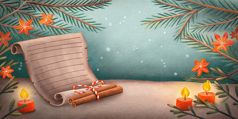 Christmas holiday lifestyle background with blank scroll cinnamon sticks and candles for festive celebration