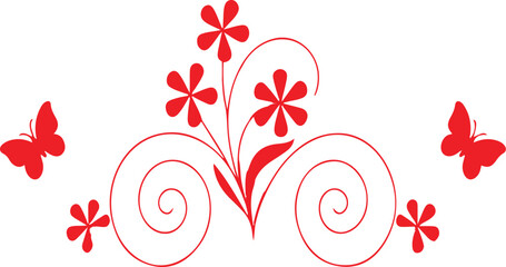 Red floral design with butterflies and swirl shapes