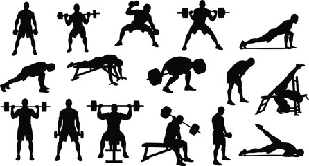 Fitness silhouette, weightlifting poses, gym workout, strength training, exercise routine, barbell dumbbell, push-up plank, bodybuilding illustration, gym equipment, health