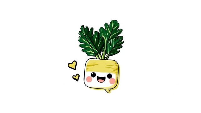 Cartoon radish character with happy face and green leafy top vector art