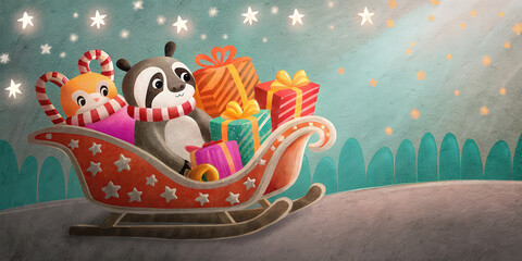 Christmas holiday lifestyle scene with cute animal characters in sleigh full of colorful gift boxes under star lights