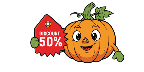 A cheerful, anthropomorphic pumpkin with a smiling face holds a jagged red tag advertising a 50% discount.