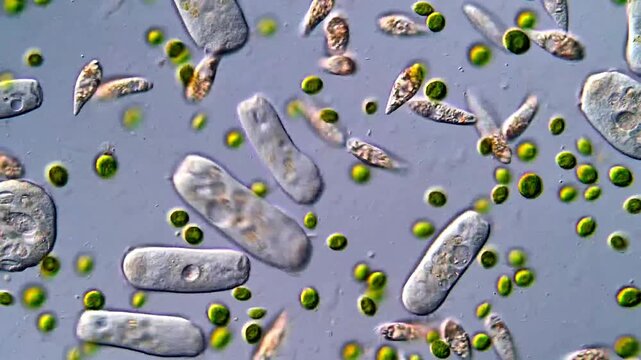 Protozoa and algae under microscope, pond water sample 200x