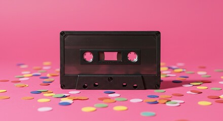 A retro audio cassette tape with a vintage label design, a symbol of analog music media.Concept of retro music and analog technology.