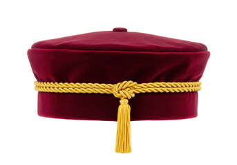 Isolated maroon velvet square academic cap, graduate tassel, university mortarboard, graduation