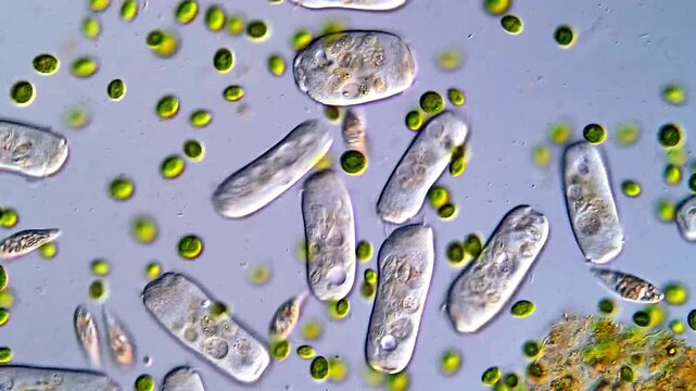 Movement of freshwater microorganism under microscope, protozoa and algae 200x