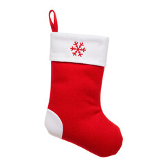 Festive red christmas stocking with snowflake design ready for holiday gifts isolated on transparent background