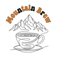 Mountain brew coffee cup with mountain range line art