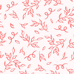 Seamless Red Floral Pattern with Leaves and Swirls on Light Background
