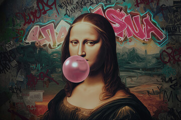 Mona Lisa adds a playful twist by blowing bubblegum in a vibrant urban setting with graffiti art