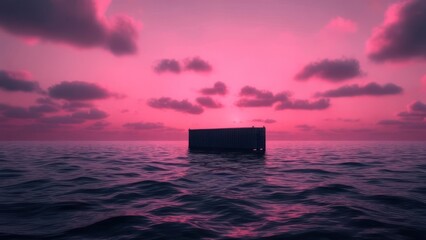 Mysterious Black Box Floating on Vast Ocean Under a Vibrant Pink Sunset Sky.