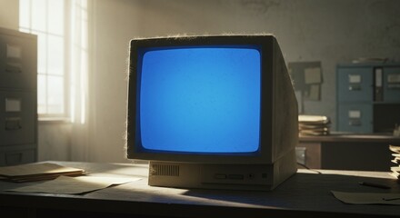 A vintage computer terminal with an integrated CRT monitor and keyboard, a symbol of retro technology.Concept of retro computing and vintage electronics.