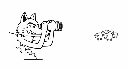 Cartoon wolf cunningly spots sheep with binoculars from behind a cloud, a humorous story of strategy and planning