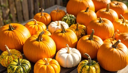 Assortment of Various Pumpkins on a Rustic Wooden Table
