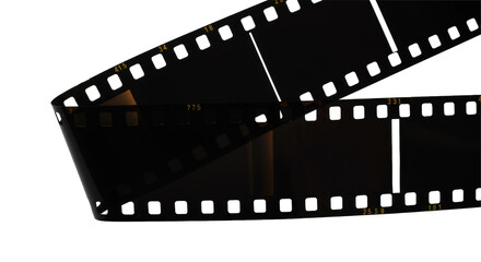 Extreme macro shot of two unfurling black analog film strips with white frames, warm amber and rust light leaks, sharp sprockets, isolated on transparent, concept of analog photography nostalgia
