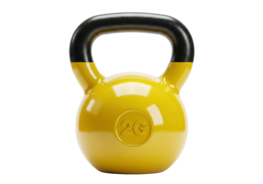 Isolated yellow kettlebell, modern fitness equipment for workout and exercise, 2-kilogram weight