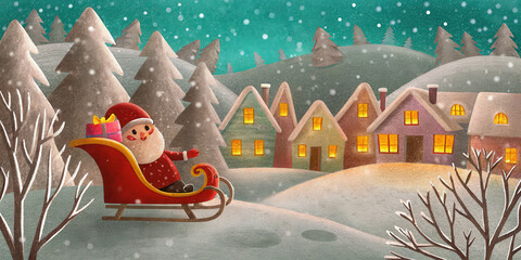 Santa Claus riding sleigh with gifts in snowy village at night with pine tree forest creating cozy holiday lifestyle scene