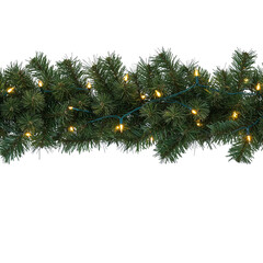 Festive green christmas garland with warm white lights for holiday decoration and celebration isolated on transparent background