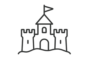 Thin line vector sandcastle with a flag icon, simple outline illustration of castle on sand, transparent background, beach summer holiday concept, playful design