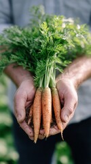 Hands grasp freshly picked carrots with green tops, showcasing the effort of harvesting in a garden