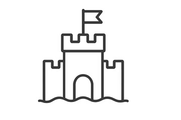 Minimalist thin line vector illustration of a sandcastle with flag, beach sand castle icon with transparent background, summer vacation symbol, seaside fortress graphic