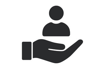 Trendy flat glyph icon with hand holding person symbolizing job recruitment, hiring, employee support, employer-customer relations, marketing target, and human resource concepts