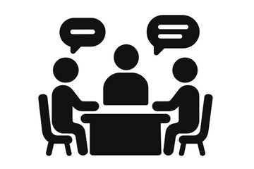 Business meeting discussion icon, people sitting at table debating and communicating with speech bubbles, teamwork collaboration vector illustration, business reunion concept