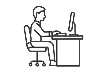 Vector trendy thin line icon of man sitting at desk using computer, office workspace illustration, business man working on desktop, remote work concept, modern technology background