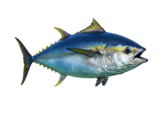 Isolated yellowfin tuna fish swimming with an open mouth for catching prey in its habitat