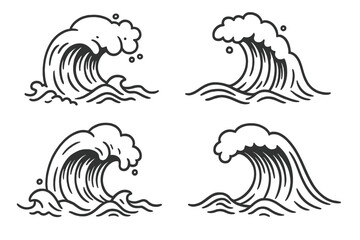 Hand-drawn cartoon wave vector set with doodle style sea waves, ocean splash illustrations, black line art on transparent background, vintage wave clipart collection for design