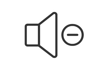 Volume decrease icon, thin line vector speaker symbol with minus sign, lower sound control illustration, audio mute option, transparent background simple design