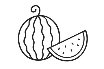 Watermelon outline illustration vector, doodle style hand-drawn fruit sketch with slice, transparent background, summer food, fresh watermelon drawing for design