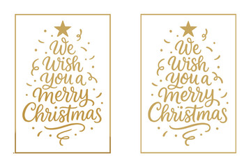 Elegant Gold Calligraphy "We Wish You A Merry Christmas" Text Message Banner with Christmas Tree Shape, Star, Confetti, and Golden Frames, Holiday Greeting Design Vector Set