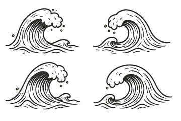 Hand-drawn vector waves set, cartoon doodle wave illustrations with splash, ocean water waves, black line art, transparent background, sea surf design collection
