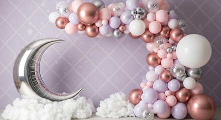 Dreamy Baby Shower Decoration with Crescent Moon Balloon and Pastel Balloons