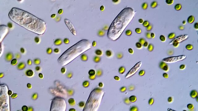 Microalgae and protozoa under DIC microscope, 200x magnification 
